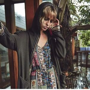 Jaase- Oversized Long Hooded Cardigan Open Front Sweater Olive Green Size XS